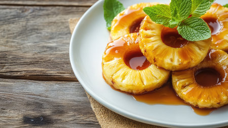 Grilled pineapple rings on a dessert plate with caramel drizzle and negative space aroundの素材