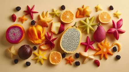 Tropical fruits such as dragonfruit, papaya, and starfruit placed creatively on a blank surfaceの素材