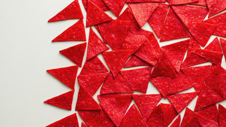 Tomato-flavored tortilla chips stacked in a neat pattern on a clean white background with ample space on the right for copyの素材