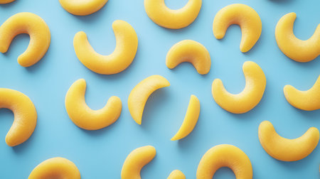 Playful tropical fruit layout on turquoise surface with empty right half for creative useの素材