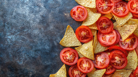 Tomato-flavored tortilla chips arranged in a neat pile with ample open space to the right for text or promotional contentの素材