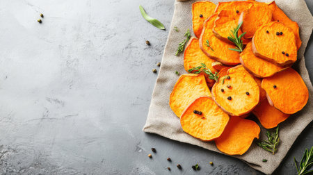Sweet potato crisps on cloth napkin with herbs on top and blank backgroundの素材