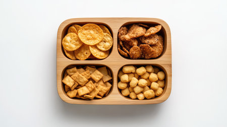 Mixed crispy snacks in three sections of wooden tray with negative spaceの素材