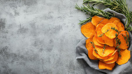 Sweet potato crisps on cloth napkin with herbs on top and blank backgroundの素材