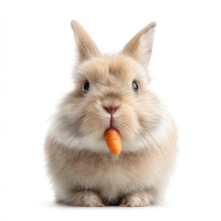 An adorable fluffy rabbit sitting calmly with a small carrot in its mouth. This close-up image captures the soft fur and expressive eyes, ideal for animal and nature-themed projects.の素材