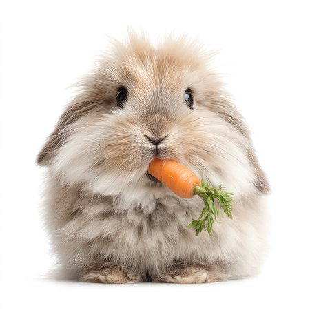 This charming image features a fluffy rabbit with a carrot, showcasing its adorable expression and soft fur, perfect for emphasizing cuteness in animal-themed projects.の素材