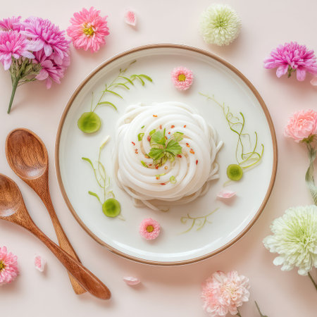 Freshly prepared noodles beautifully arranged on a minimalist plate, surrounded by vibrant edible flowers and herbs, creating an elegant culinary presentation perfect for summer dining.の素材