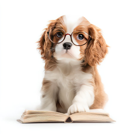 A cute Cavalier King Charles Spaniel with glasses sits at an open book, representing curiosity and a love for learning in a cheerful indoor environment.の素材