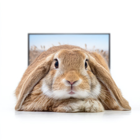 A charming brown rabbit with long ears lies peacefully on a white surface, exuding cuteness and serenity in a well-lit environment, perfect for animal lovers.の素材