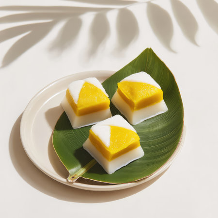 This image showcases a delightful Thai dessert beautifully presented on a leaf plate, capturing the vibrant colors and textures that make it a visual treat for food lovers.の素材
