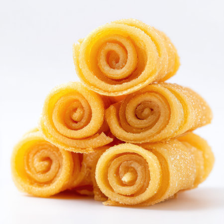 A stack of golden rolled pastries, emphasizing their sugary allure and enticing presentation, ideal for dessert lovers seeking a delightful treat at any gathering or celebration.の素材