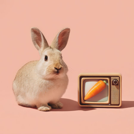A charming rabbit posed next to a vintage television displaying a carrot, creating a whimsical scene that merges nature and nostalgic technology for a delightful artistic touch.の素材