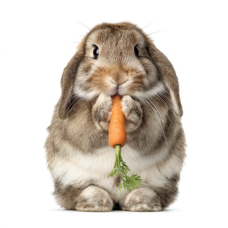 A delightful fluffy rabbit is sitting contentedly, holding a vibrant carrot, exuding cuteness and playfulness, perfect for animal lovers and food enthusiasts alike.の素材