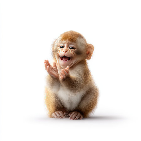 This heartwarming image features an adorable baby monkey with a playful expression, radiating joy in a soft, studio lighting setting, perfect for animal lovers and educators.の素材