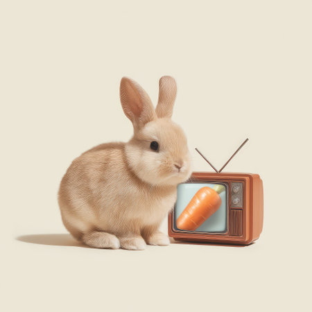 A cute fluffy rabbit is sitting beside a vintage television showing a carrot, creating a whimsical scene that showcases the joy and playfulness of pets in a cozy environment.の素材