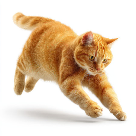 A lively orange cat captured in mid-leap, showcasing its playful spirit and vibrant personality against a clean, bright background. Perfect for animal lovers and pet enthusiasts.の素材