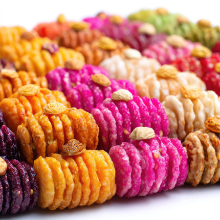 A visually stunning display of assorted colorful Indian sweets meticulously arranged to showcase their vibrant hues and delightful textures, perfect for any festive occasion.の素材