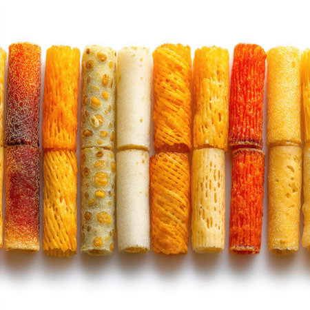 A beautifully arranged collection of crunchy snack rolls in vibrant colors, offering a delightful visual appeal and showcasing a variety of textures, perfect for culinary inspiration.の素材