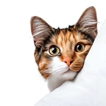 A charming close-up of a domestic cat showcasing its delightful personality, with captivating green eyes and fluffy fur, perfect for any animal lover searching for cozy pet imagery.の素材