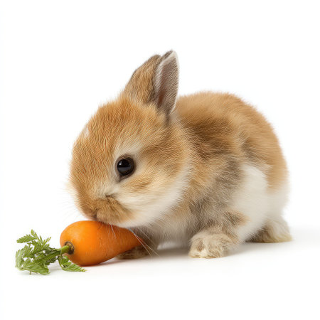 This image features a delightful baby rabbit munching on a carrot, capturing a charming moment of innocence and playfulness. Perfect for seasonal themes.の素材