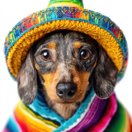 This charming portrait of a dachshund dressed in a colorful sombrero and blanket showcases playful spirit, making it the perfect choice for pet lovers and vibrant celebrations.の素材