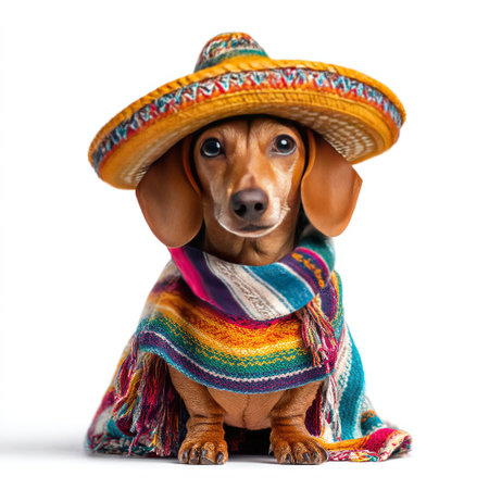 This adorable dachshund in a vibrant poncho and sombrero captures the essence of fun and culture, making it an ideal image for celebrating festivities or showcasing unique pet photography.の素材