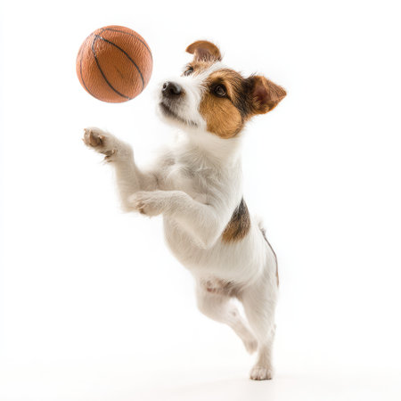 A lively dog showcases its talent as it leaps to catch a basketball, creating a joyful and energetic moment perfect for pet lovers and sports enthusiasts.の素材