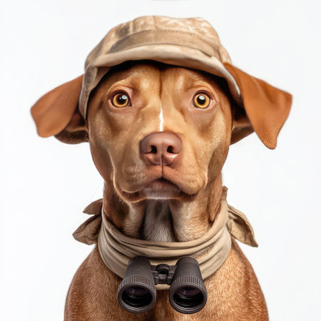 A charming dog wearing a tan hat and binoculars gazes inquisitively into the distance, embodying curiosity and adventure in stunning natural surroundings.の素材