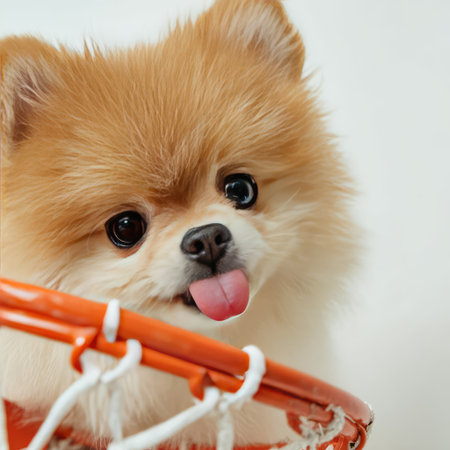 A close-up of a playful Pomeranian puppy with fluffy fur and a charming expression, peeking through an orange basketball hoop, radiating joy and innocence.の素材