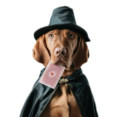 This delightful dog in a wizard costume holds a playing card in its mouth, capturing a whimsical and playful spirit, making it a heartwarming image for pet enthusiasts.の素材