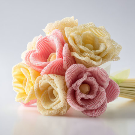 Delight in a gorgeous bouquet of handcrafted decorative flowers in soft pastel shades, perfect for enhancing any home space or serving as unique gift ideas.の素材
