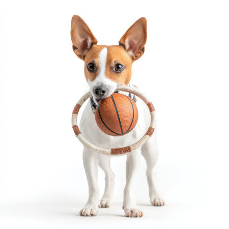 A charming dog holds a basketball in its mouth while wearing a hoop around its neck, radiating joy and energy, perfect for showcasing the bond between pets and sports.の素材