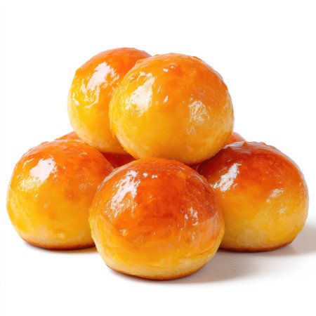 A tempting arrangement of freshly baked sweet pastries, featuring a glossy golden glaze that highlights their fluffy texture and makes them an irresistible treat for any occasion.の素材