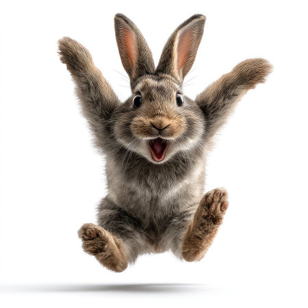 A joyful rabbit leaps in mid-air, showcasing its playful nature and capturing the essence of happiness. This image is ideal for animal lovers and nature enthusiasts.の素材