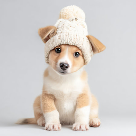 This heartwarming image captures a young puppy wearing a knitted hat, radiating cuteness and charm. The soft background complements the adorable expression, perfect for various themes.の素材