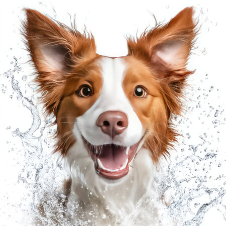 A cheerful dog revels in water, showcasing lively energy and joy. The scene captures the essence of fun and the beauty of outdoor play, perfect for pet lovers.の素材