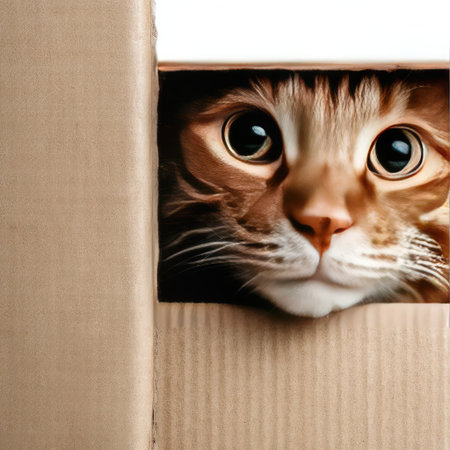 A charming close-up of a cat peering out from a cardboard box, showcasing its captivating eyes and playful demeanor in a cozy indoor setting. Perfect for pet lovers!の素材