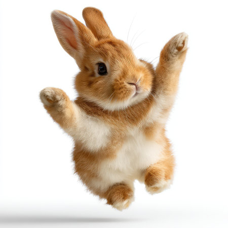 A charming rabbit captured mid-air, showcasing its playful nature and soft fur, evoking feelings of joy and innocence, ideal for animal lovers and photographers.の素材
