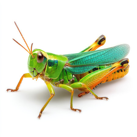 A detailed macro image of a green grasshopper, capturing its vibrant colors and intricate features in a natural setting, perfect for nature enthusiasts and educational purposes.の素材