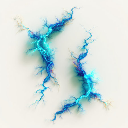 Stunning abstract illustration of electric blue lightning strikes with intricate branching patterns on a soft cream background, perfect for design and artistic projects.の素材