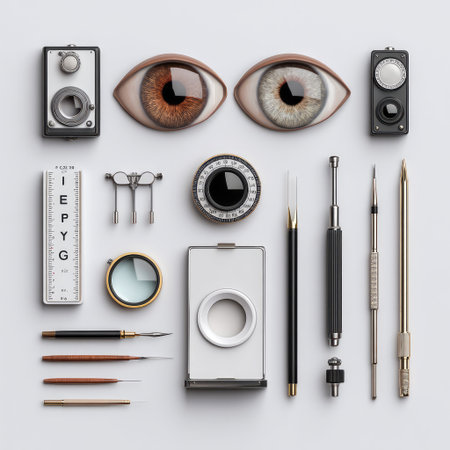 This image showcases an organized collection of artistic tools, including unique eye models, measuring devices, and drawing instruments, perfect for creative projects.の素材