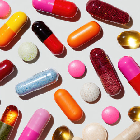A vibrant collection of various capsules and supplements arranged on a neutral surface, perfect for illustrating health and wellness topics, nutrition, and lifestyle choices.の素材