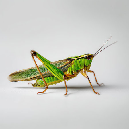 Stunning close-up of a green grasshopper showcasing its detailed structure and vibrant coloration. Perfect for nature enthusiasts and educational purposes, highlighting insect beauty.の素材