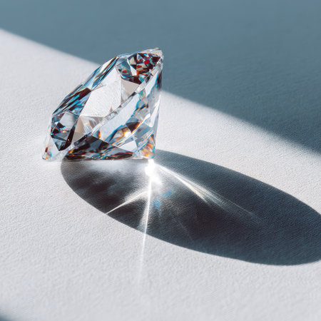 A stunning clear diamond gemstone reflecting sunlight, creating beautiful shadows on a soft surface, embodying elegance and luxury for various creative uses.の素材