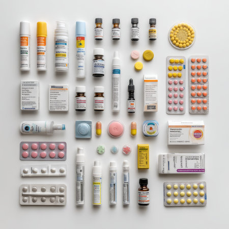 An organized flat lay display of various medications, showcasing a range of pharmaceutical products in diverse shapes and colors against a clean background.の素材
