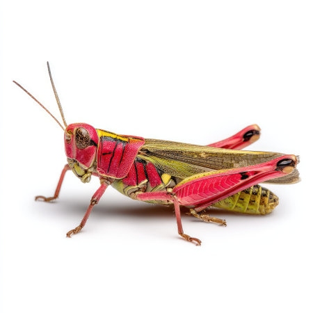 A stunning close-up of a colorful grasshopper displaying intricate red and green patterns, ideal for nature and wildlife photography. Perfect for educational purposes.の素材