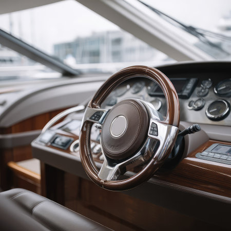 Captivating image of a luxurious yacht interior featuring a stylish steering wheel, perfect for illustrating marine elegance and adventure on the open water.の素材