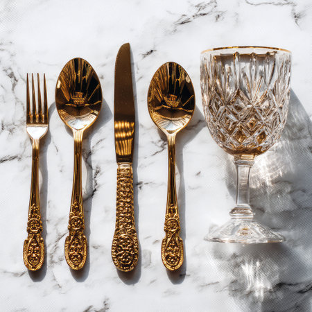 Stunning arrangement of gold cutlery and a crystal glass on a marble surface, ideal for creating a luxurious dining experience for special occasions and upscale gatherings.の素材