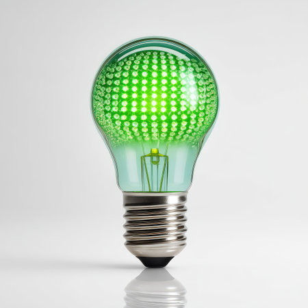 This image showcases a vibrant green LED light bulb, blending modern design with eco-friendly technology to highlight energy-efficient lighting solutions for homes.の素材