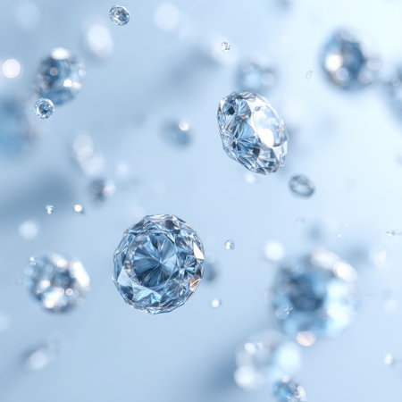 A captivating image showcasing floating diamonds that reflect light beautifully, creating an illusion of elegance and luxury set against a serene blue backdrop.の素材